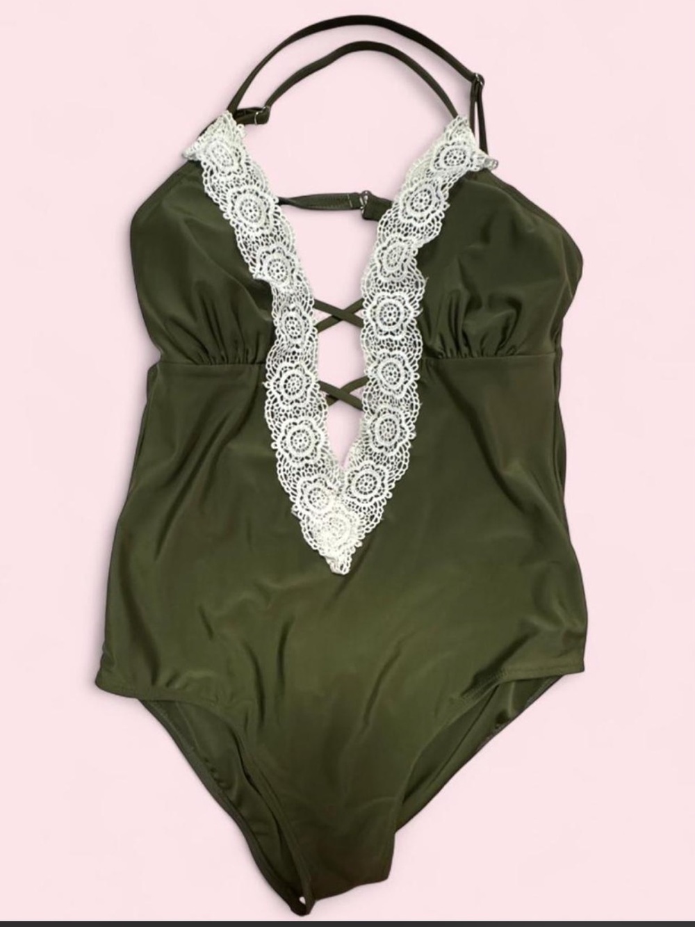 Womens Olive Green One-Piece with White Lace Trim